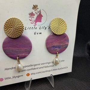 Handmade Statement Earrings Purple‎ Marble Gold Disc Pearl Drop Dangle
